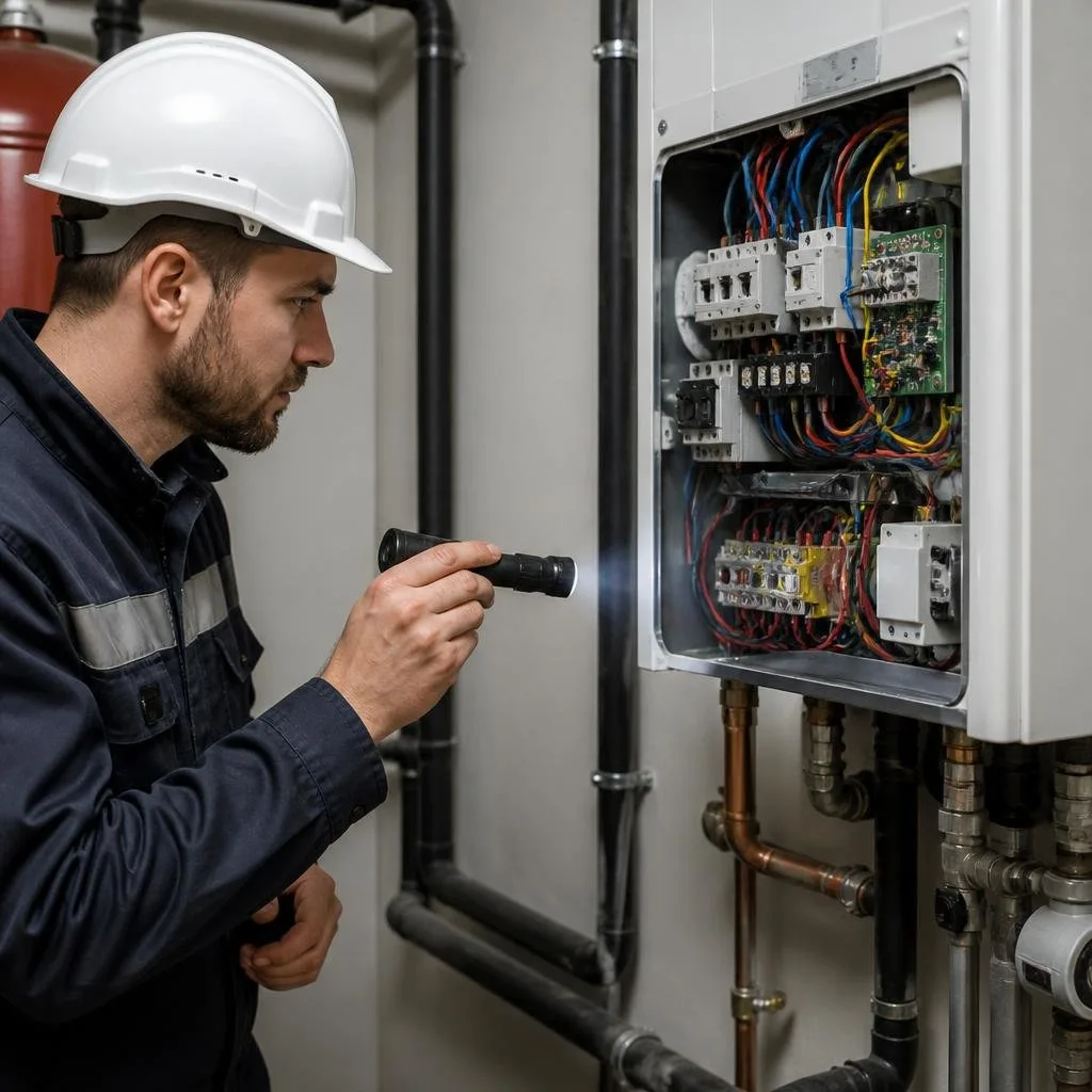 Elektrofachkraft prüft die sichtbare Verkabelung einer elektrischen Heizungsanlage