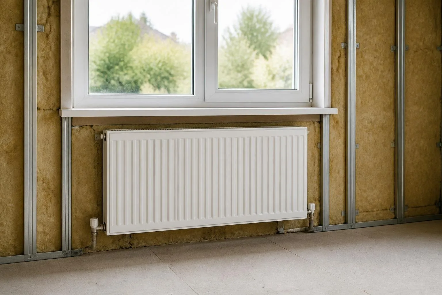 Heizkörper unter einem Fenster in einem gedämmten Raum
