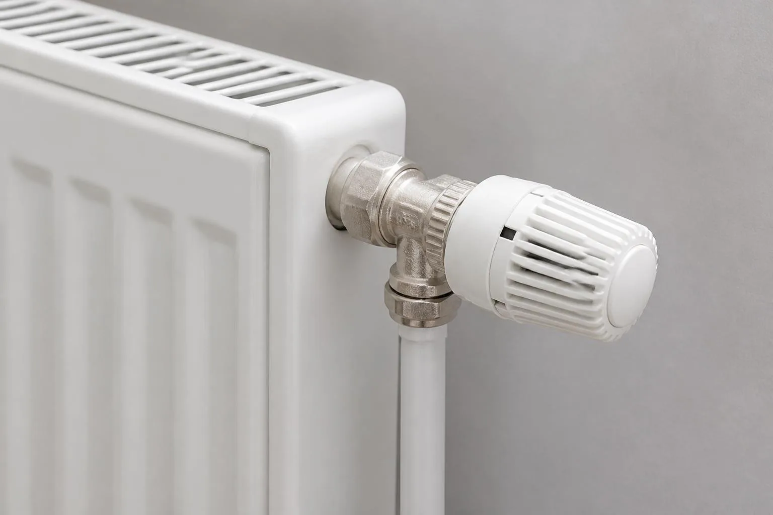 Thermostatkopf auf einem Heizkörperventil an einem weißen Heizkörper