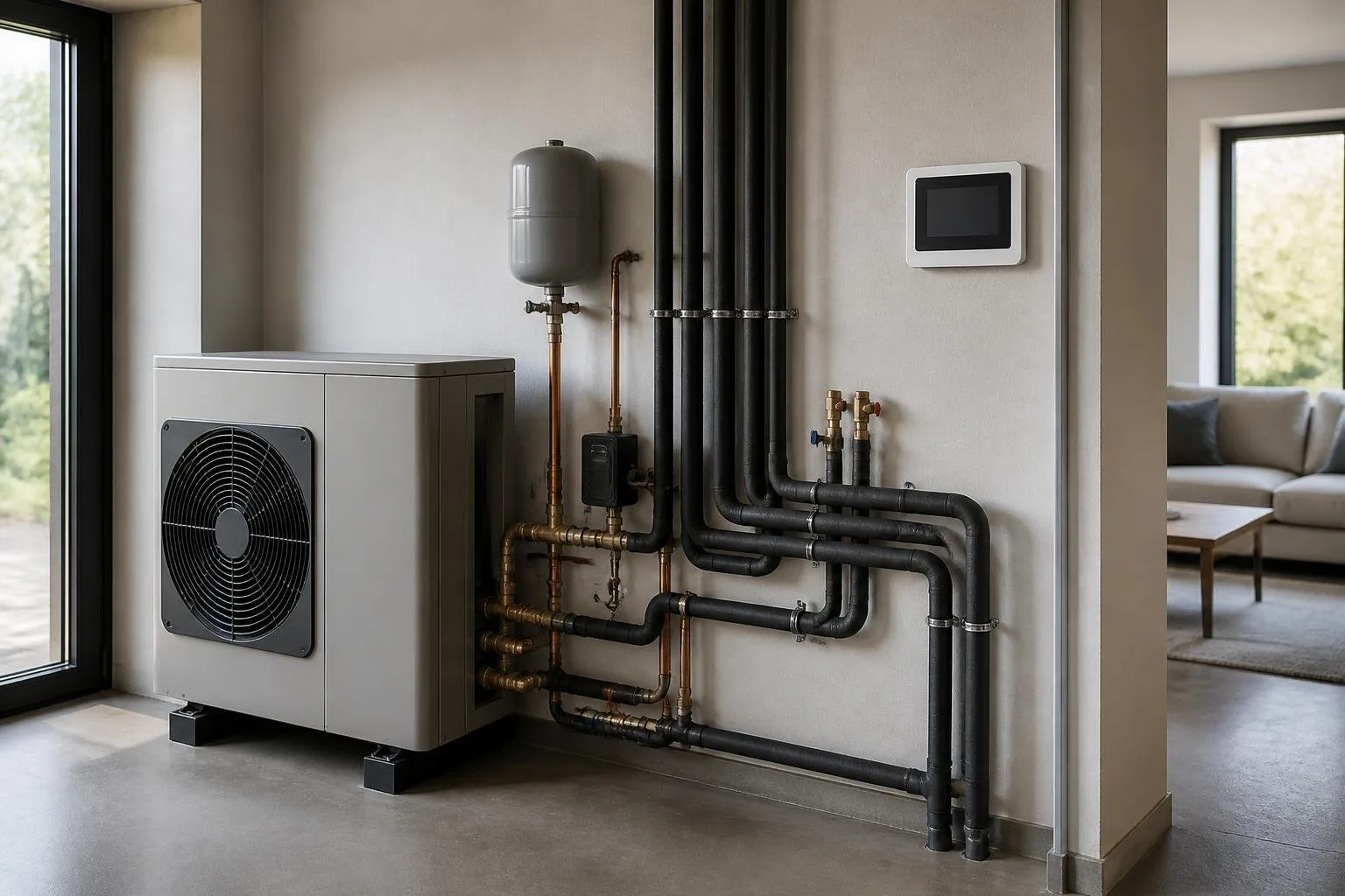 Heizungsanlage mit Wärmepumpe und Vorlauf- und Rücklaufleitungen