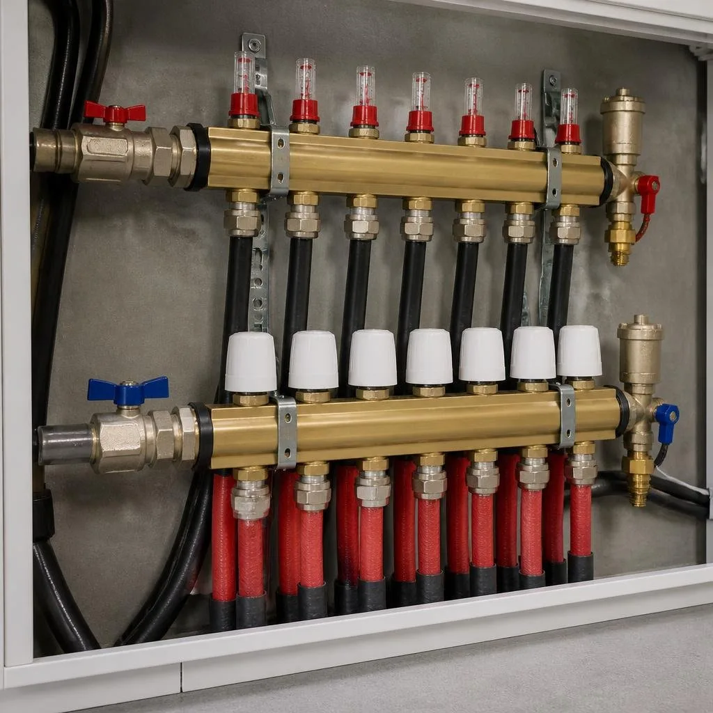 Heizkreisverteiler einer Wärmepumpenanlage mit angeschlossenen Leitungen