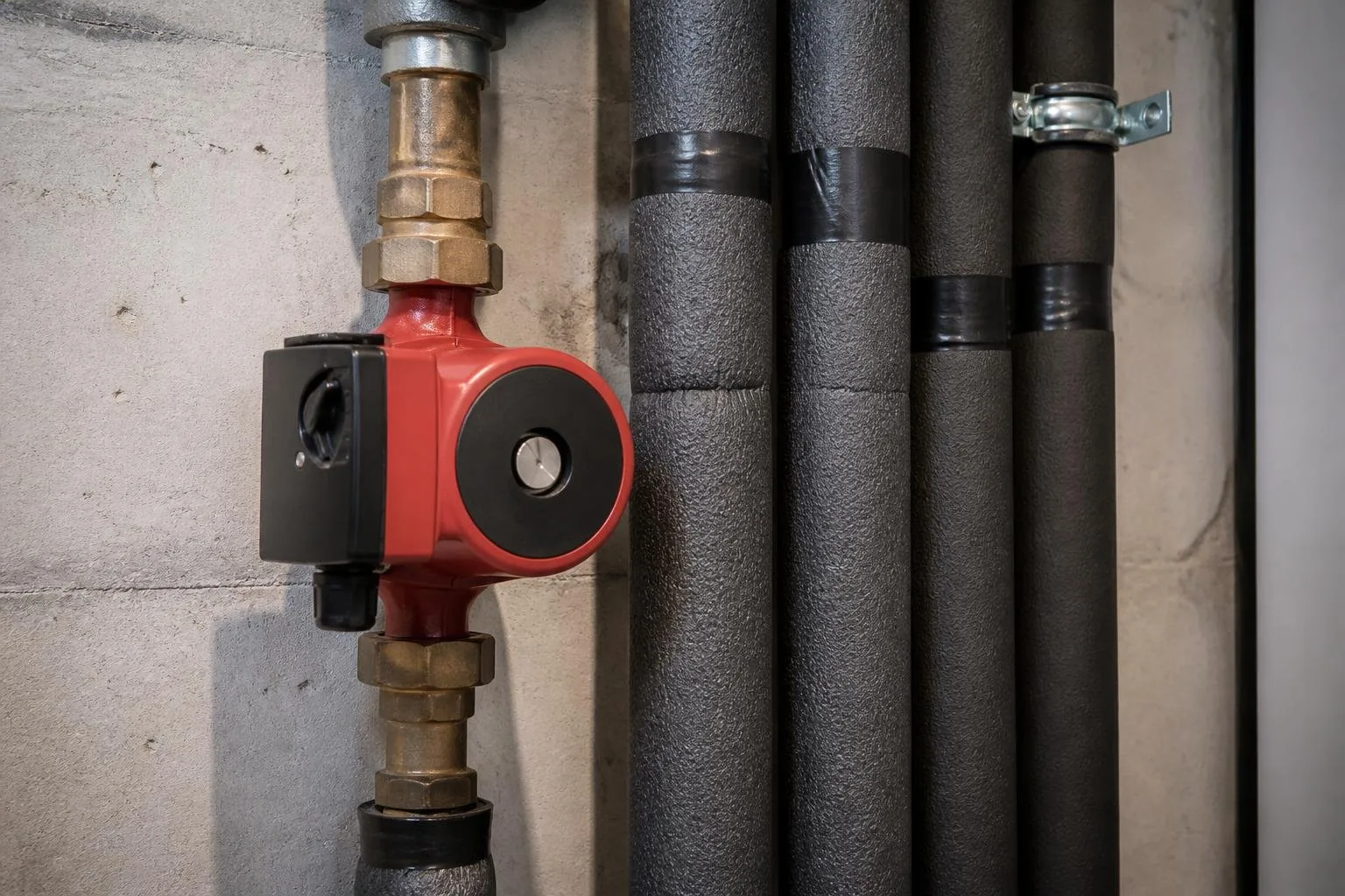 Heizungspumpe und Heizungsleitungen in einem Technikraum