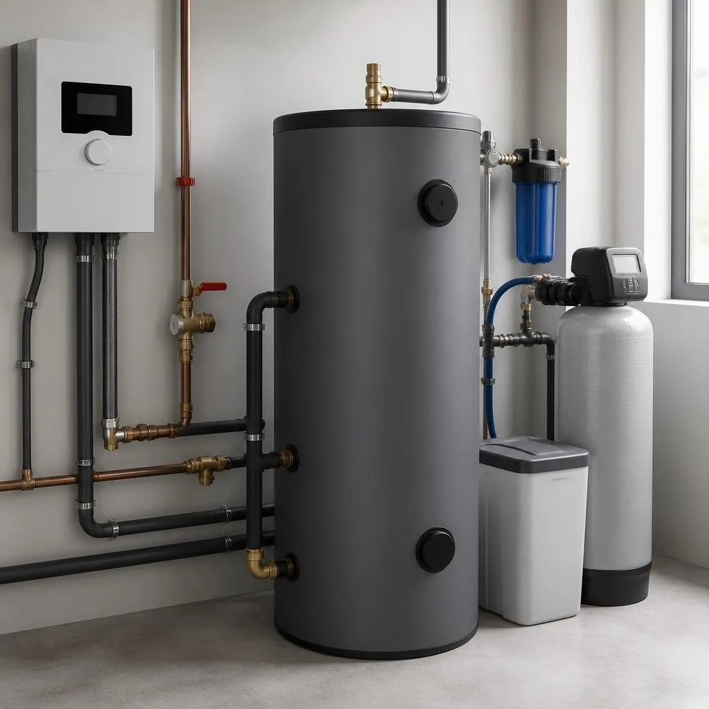 Komponenten einer Heizungsanlage mit Regelung, Kugelhahn, Speicher und Wasserbehandlung
