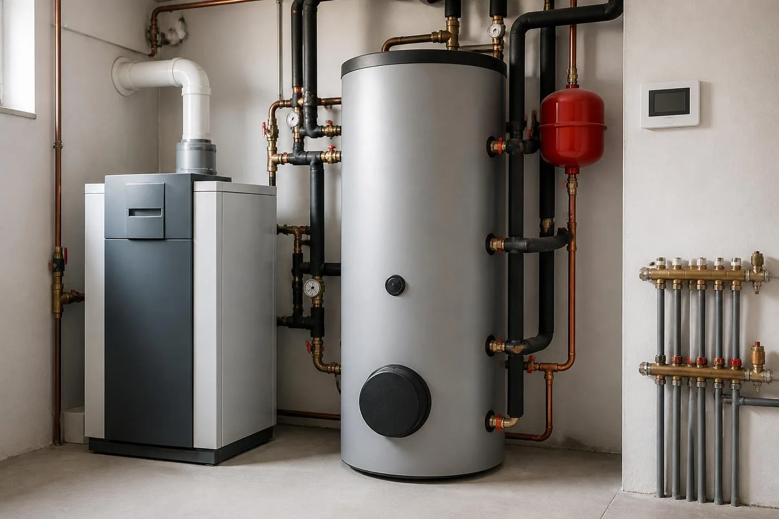 Heizungsanlage mit Wärmeerzeuger, Pufferspeicher, Rohrleitungen und Regelung