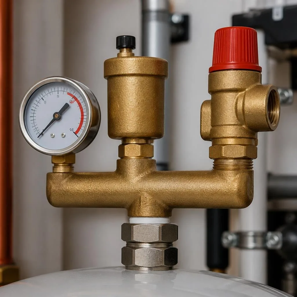 Bauteile einer Heizungs-Sicherheitsgruppe mit Manometer, Sicherheitsventil und Schnellentlüfter