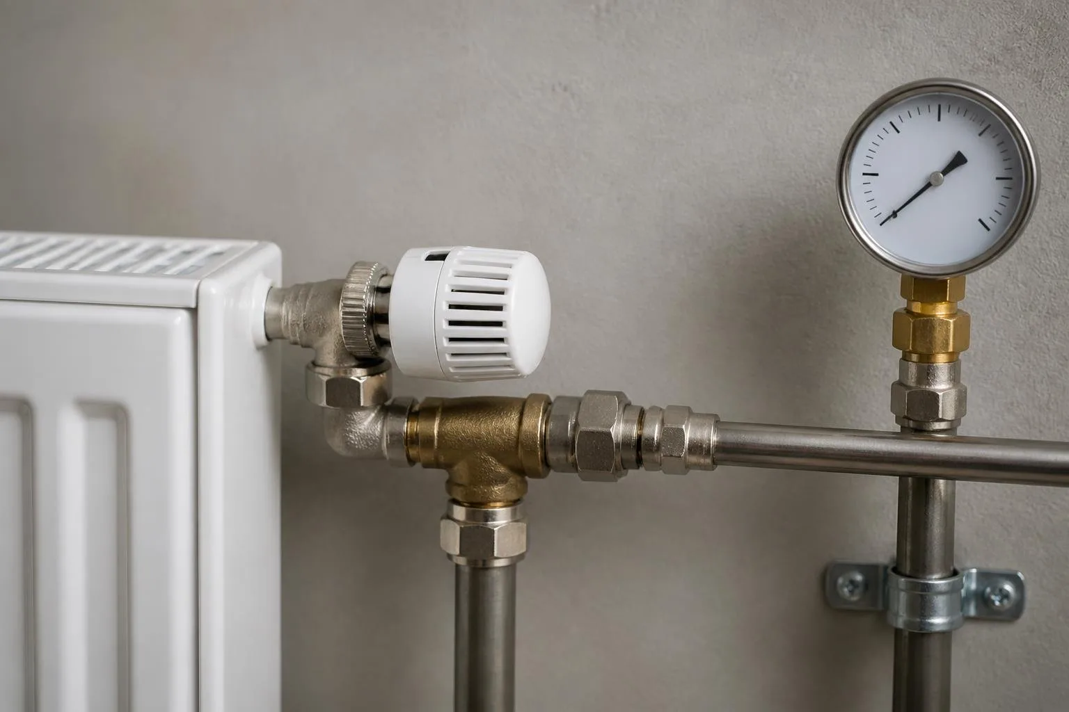 Thermostatventil an einem Heizkörper mit Heizungsrohr und Druckanzeige