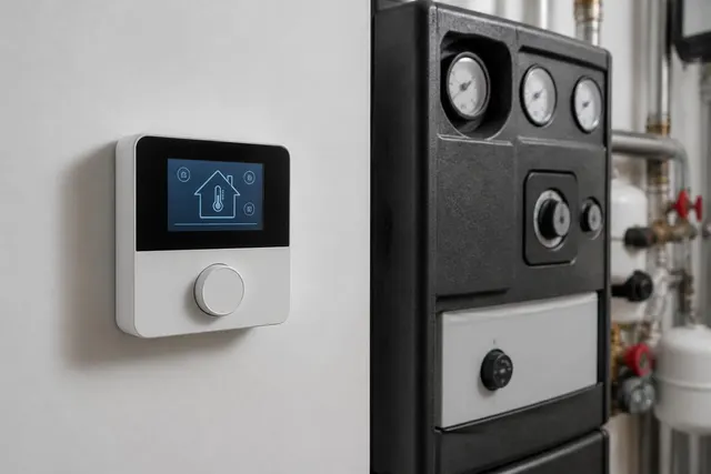Heizungsregler mit Display und Drehknopf an einer Heizungsanlage