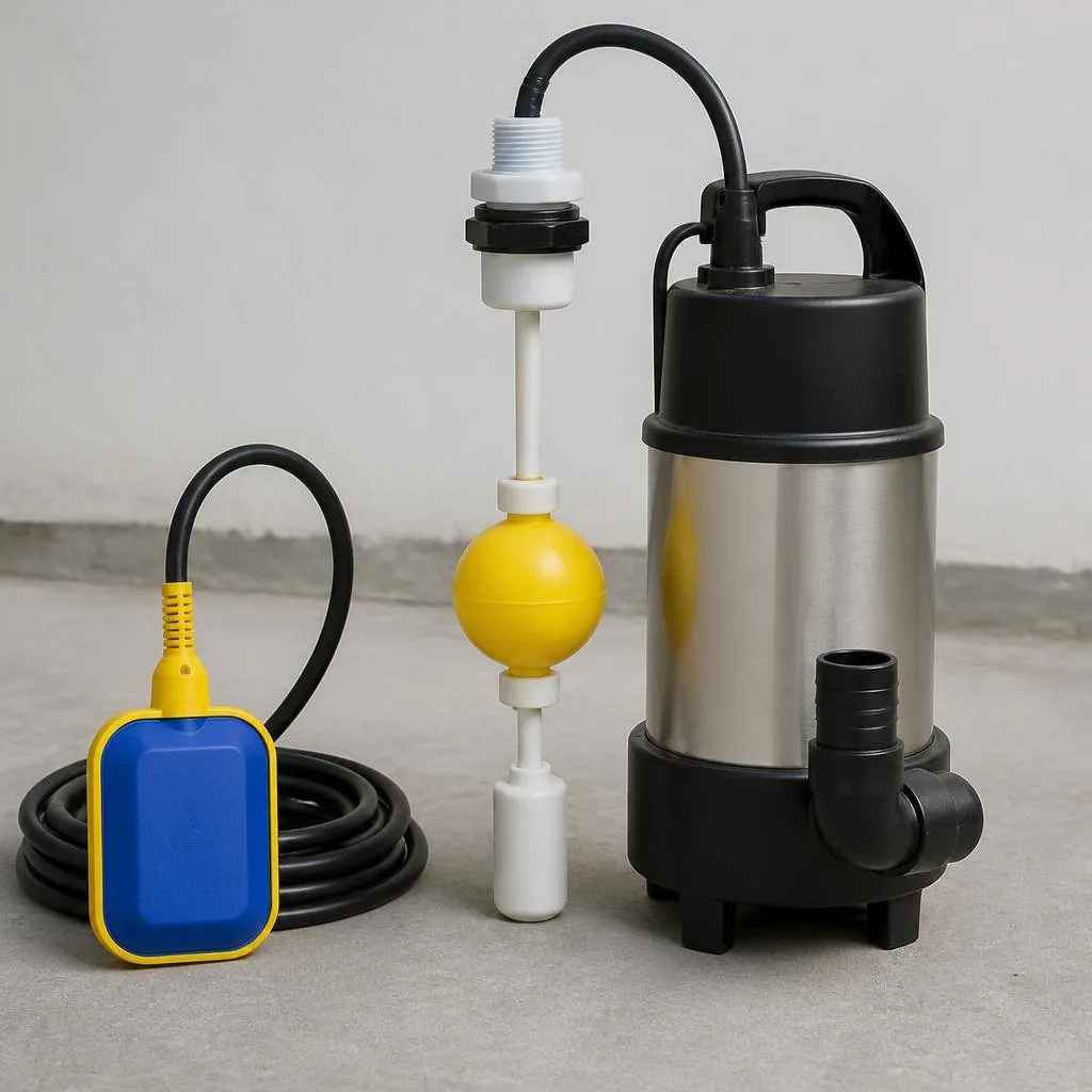 Betriebsschwimmer und separater Alarmgeber neben einer kompakten Pumpe