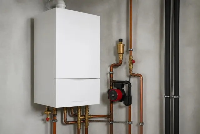 Wandhängende Gastherme mit sichtbarer Heizungspumpe und angeschlossenen Heizungsrohren