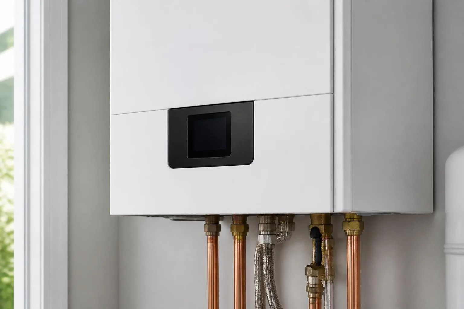 Wandhängende Gastherme mit Display und Warmwasseranschlüssen