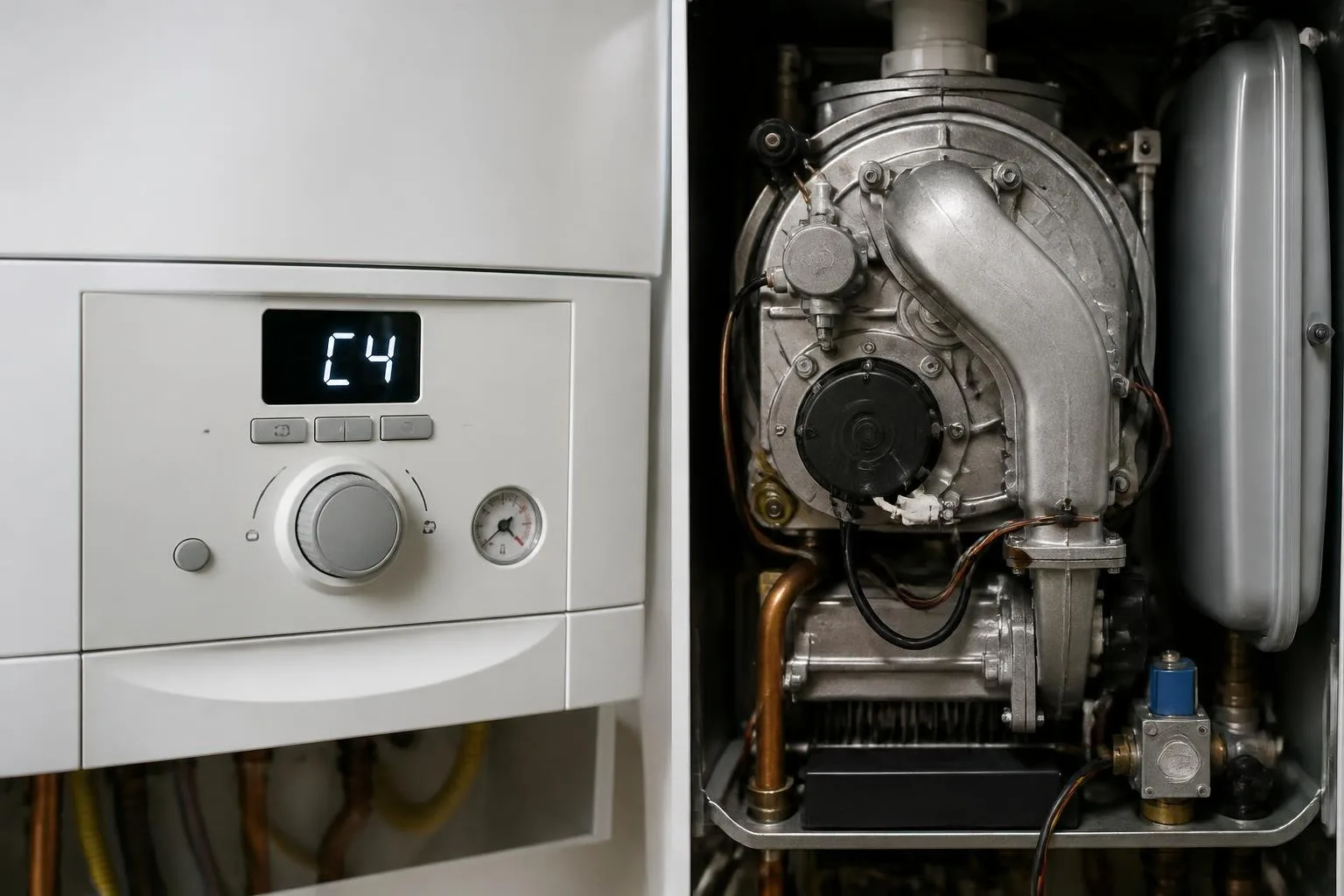 Gastherme mit Anzeige C4 und sichtbaren Baugruppen Brenner und Gebläse