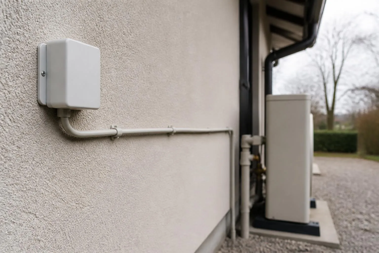Außentemperaturfühler an einer Hauswand mit Anschlusskabel