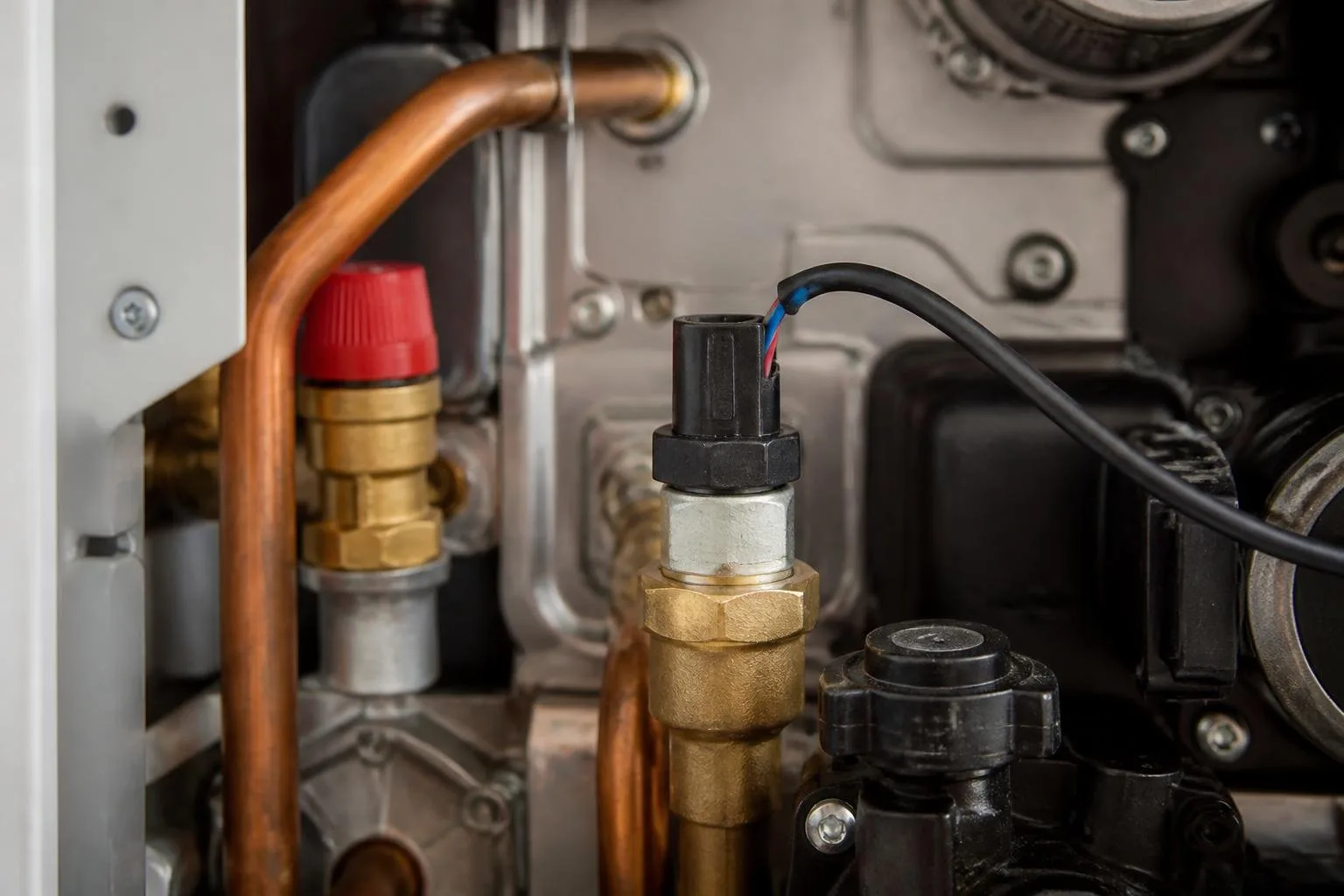 Vorlauftemperaturfühler und Anschlusskabel in einer Gastherme