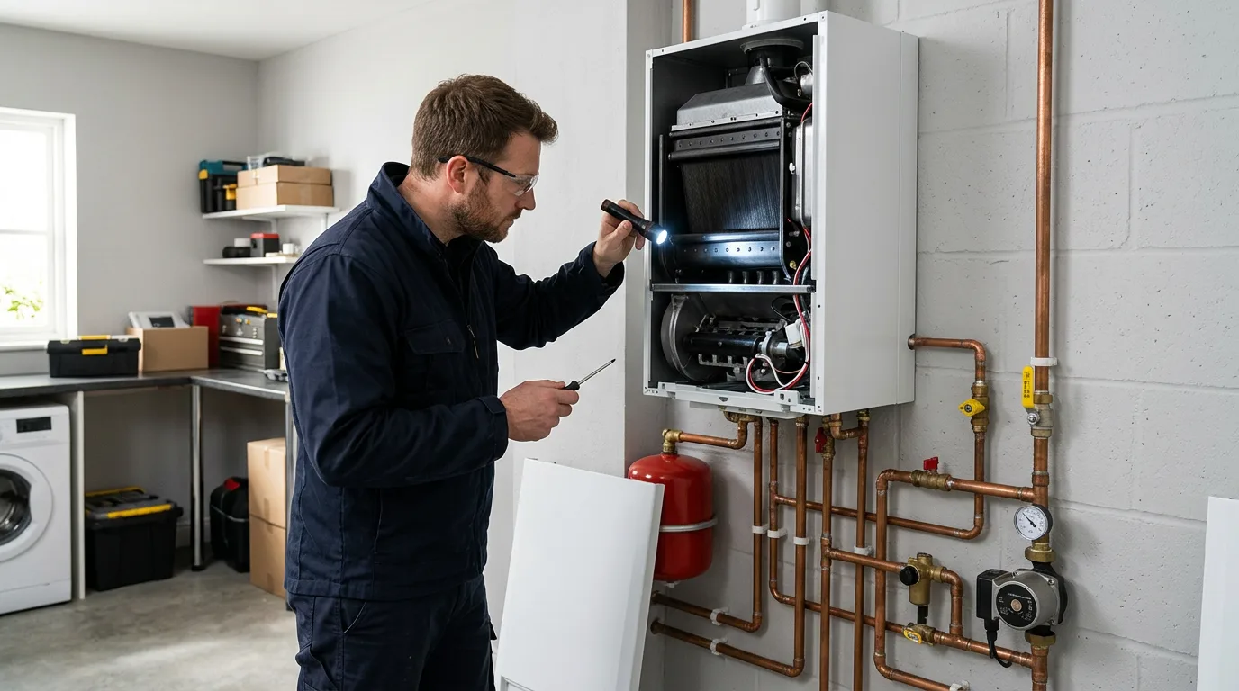 Fachhandwerker prüft die Elektroden einer geöffneten Gas-Brennwerttherme