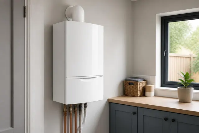 Wandhängende Gastherme mit sichtbarem Abgasanschluss