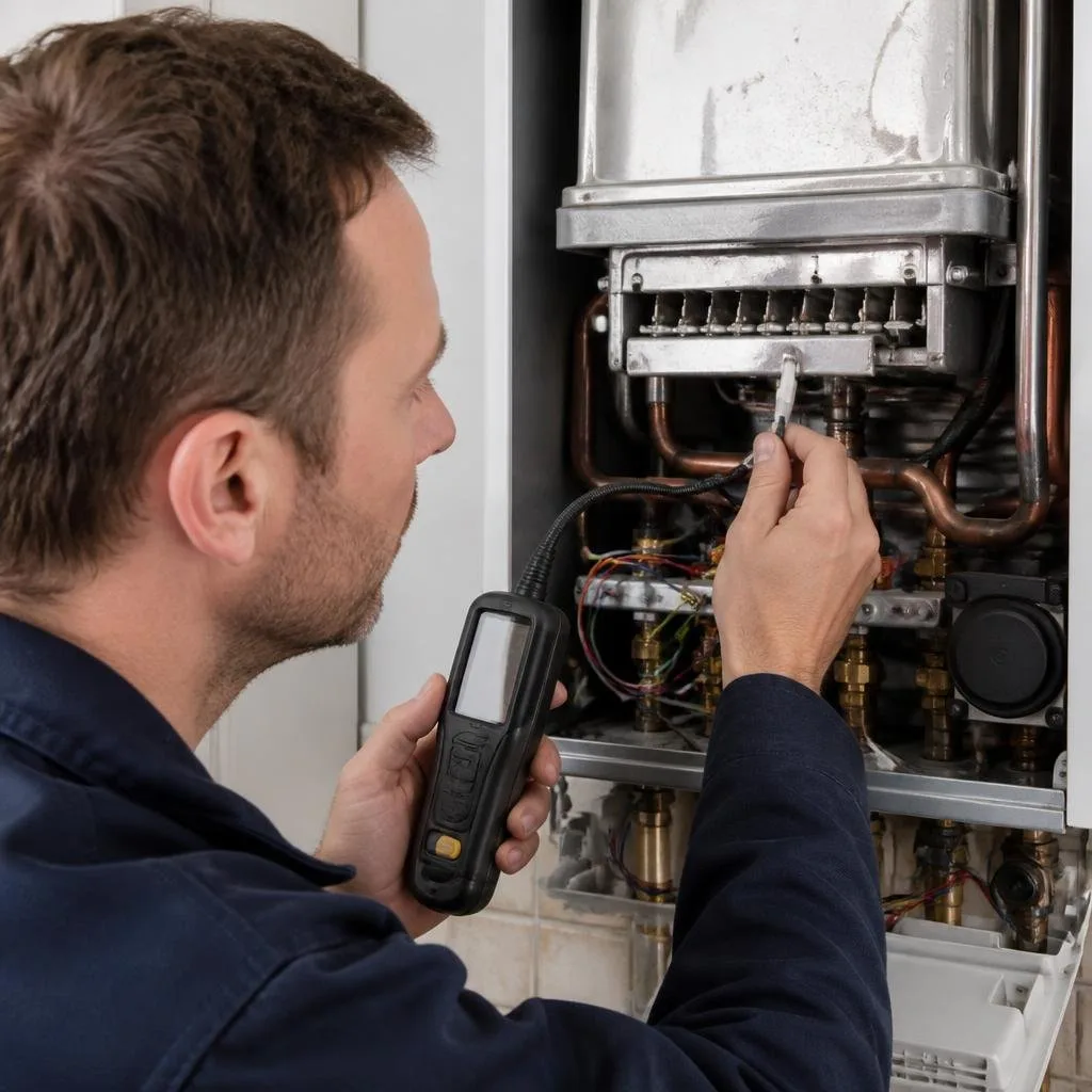 Fachhandwerker prüft die Elektrode und Verkabelung einer geöffneten Gastherme