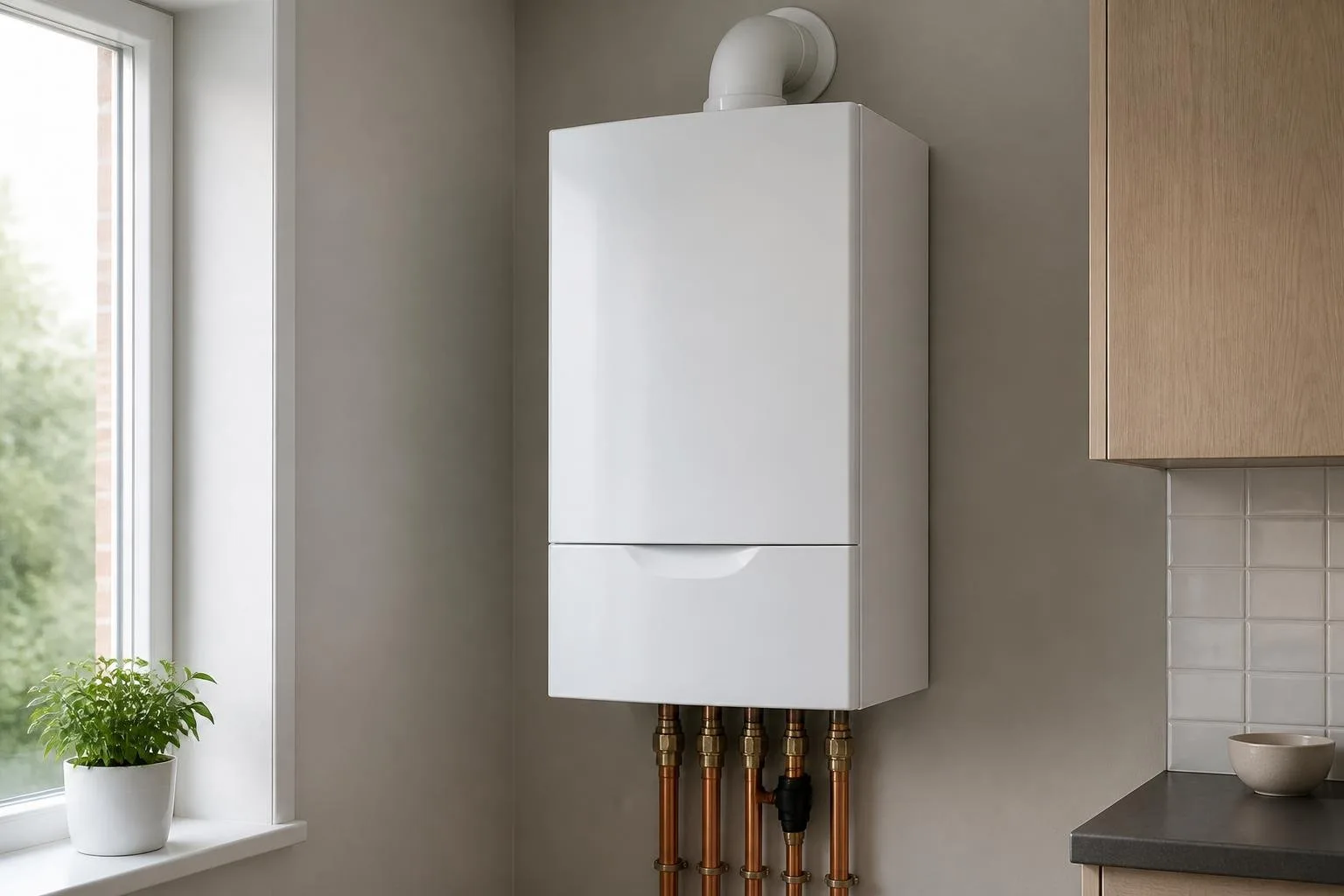 Wandhängende Gastherme mit geschlossenem Bedienfeld