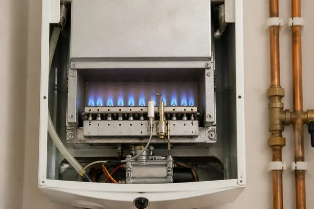 Gastherme mit sichtbarer Ionisationselektrode als Bezug zum Fehler F7