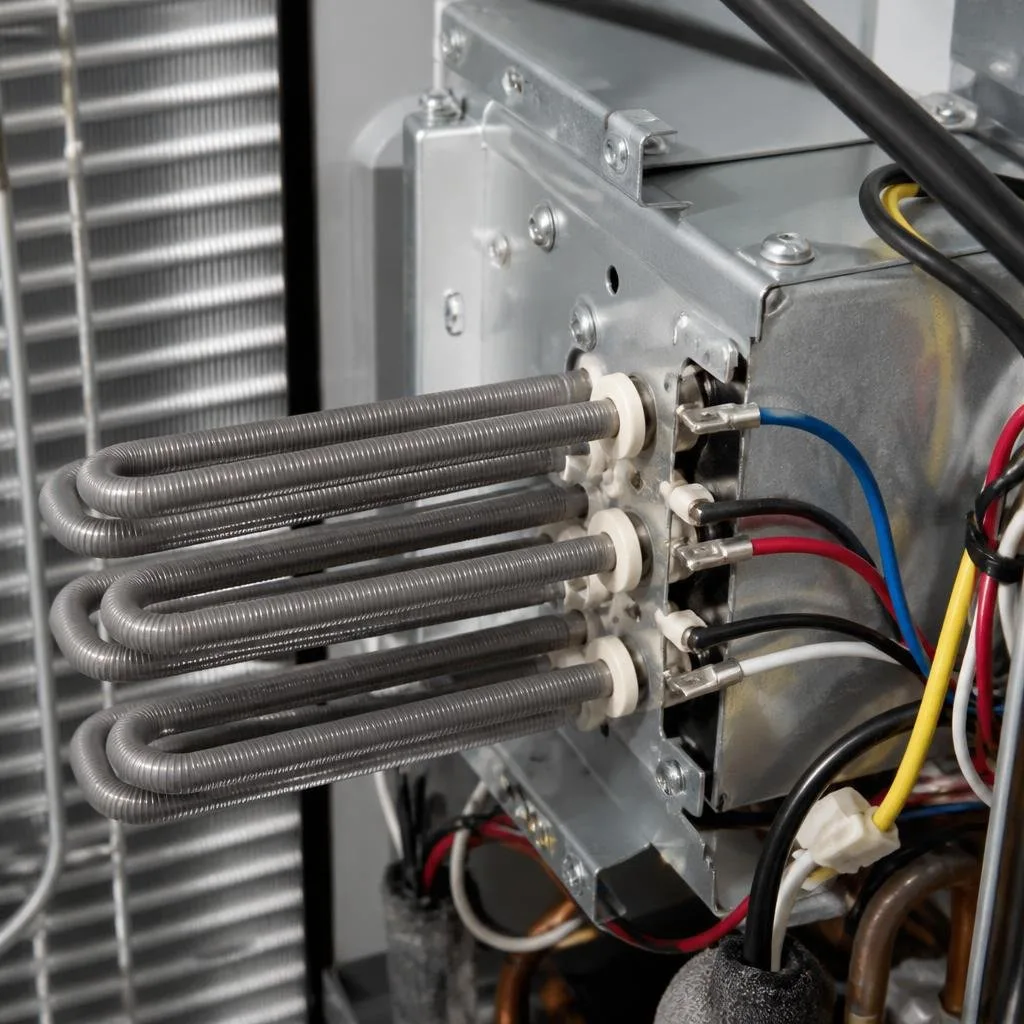 Nahaufnahme eines elektrischen Zuheizers in einer Wärmepumpe