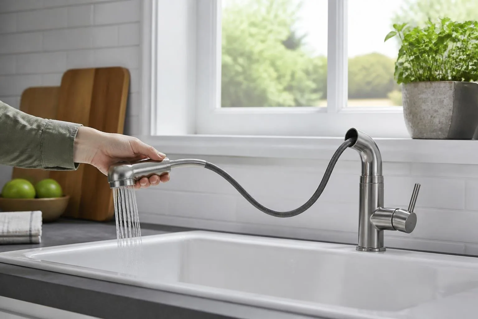 Küchenarmatur mit ausgezogener Brause über einem Spülbecken