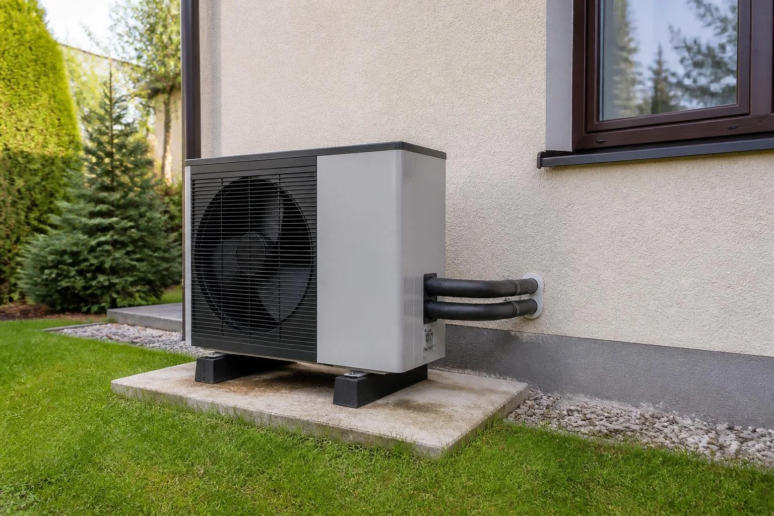 Außeneinheit einer Luft-Wasser-Wärmepumpe neben einem Haus