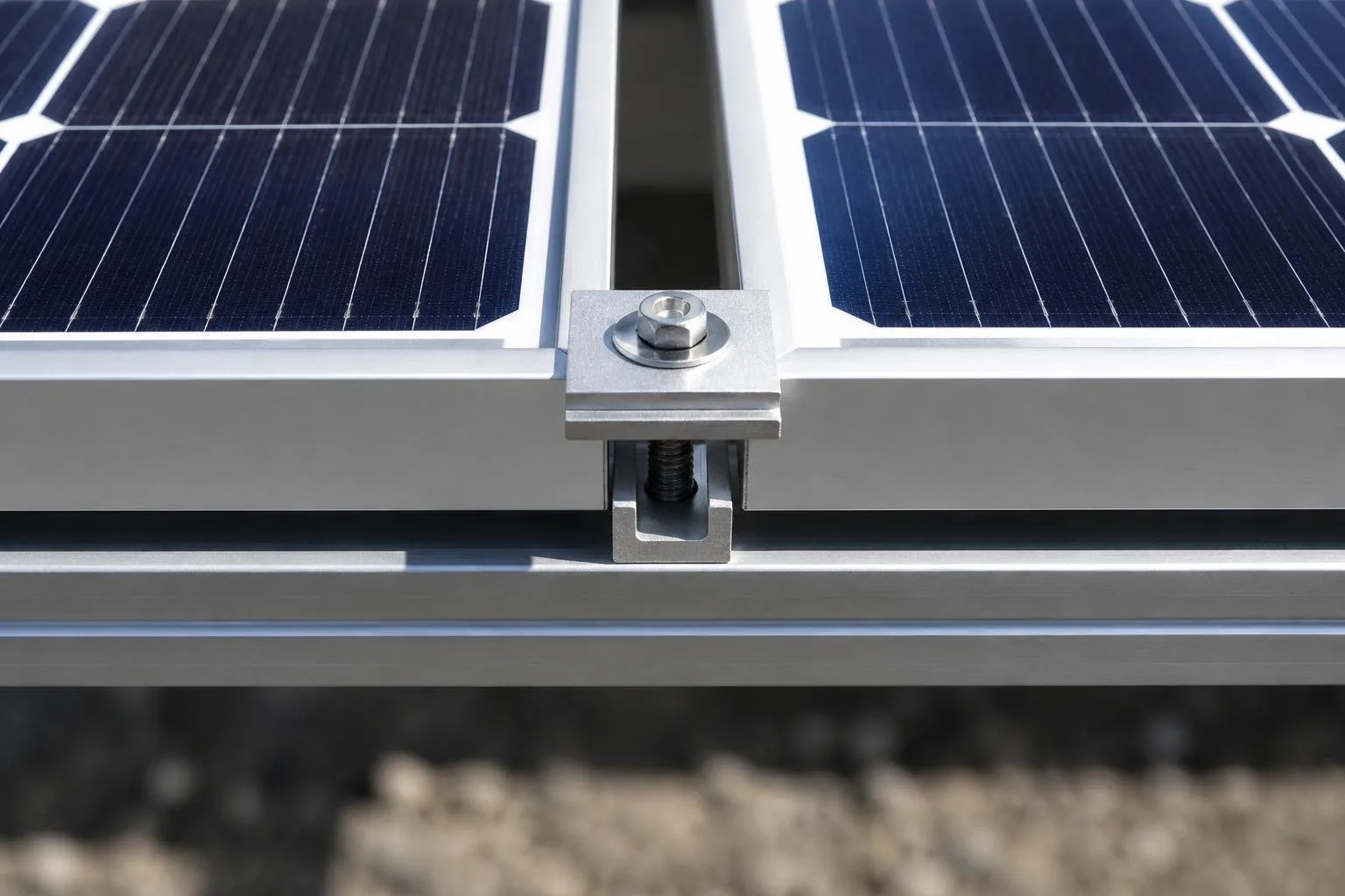 Mittelklemme zwischen zwei PV-Modulen auf einer Montageschiene