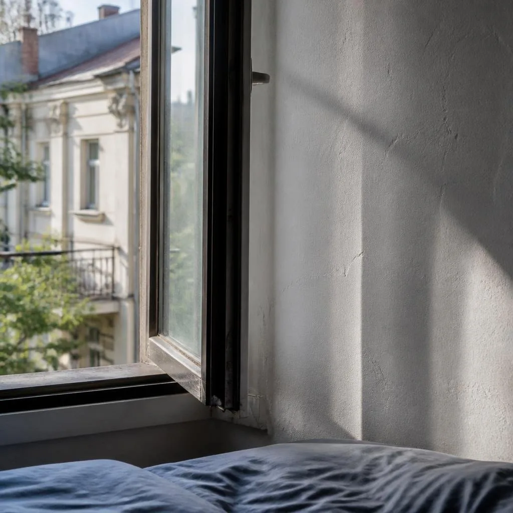 Geöffnetes Fenster und Außenwandecke im Schlafzimmer