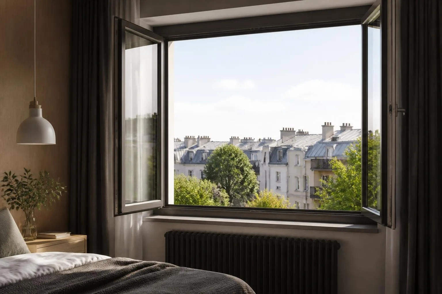 Weit geöffnetes Fenster in einem Schlafzimmer zum Lüften