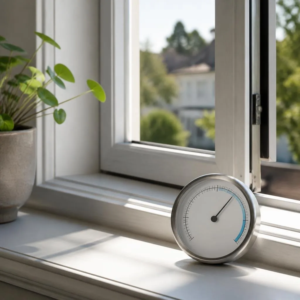 Hygrometer neben einem geöffneten Fenster