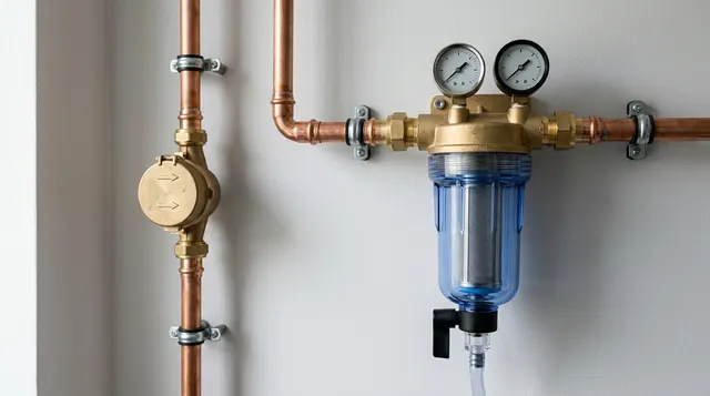 Rückspülfilter mit Druckminderer hinter dem Wasserzähler im Hausanschlussraum