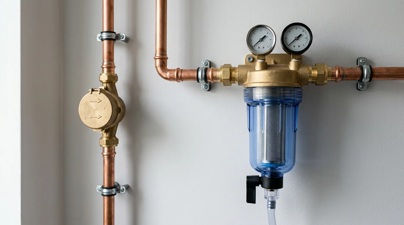 Rückspülfilter mit Druckminderer hinter dem Wasserzähler im Hausanschlussraum