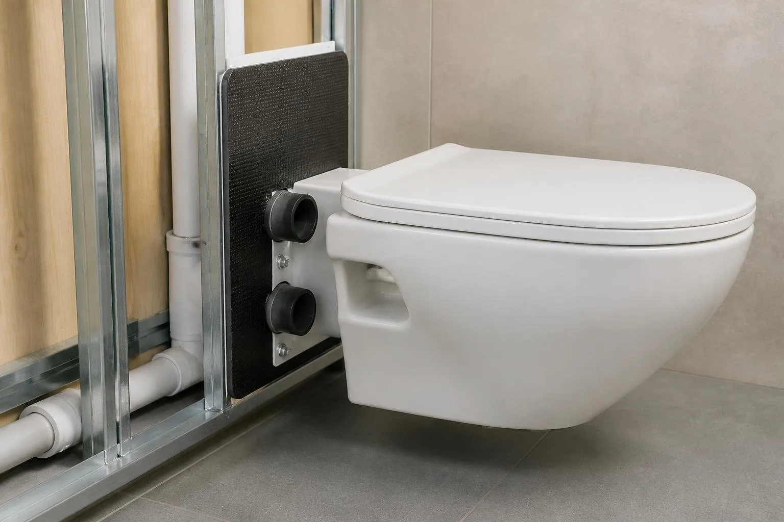 Wandhängendes WC mit Schallschutzmatte und zwei Gummihülsen