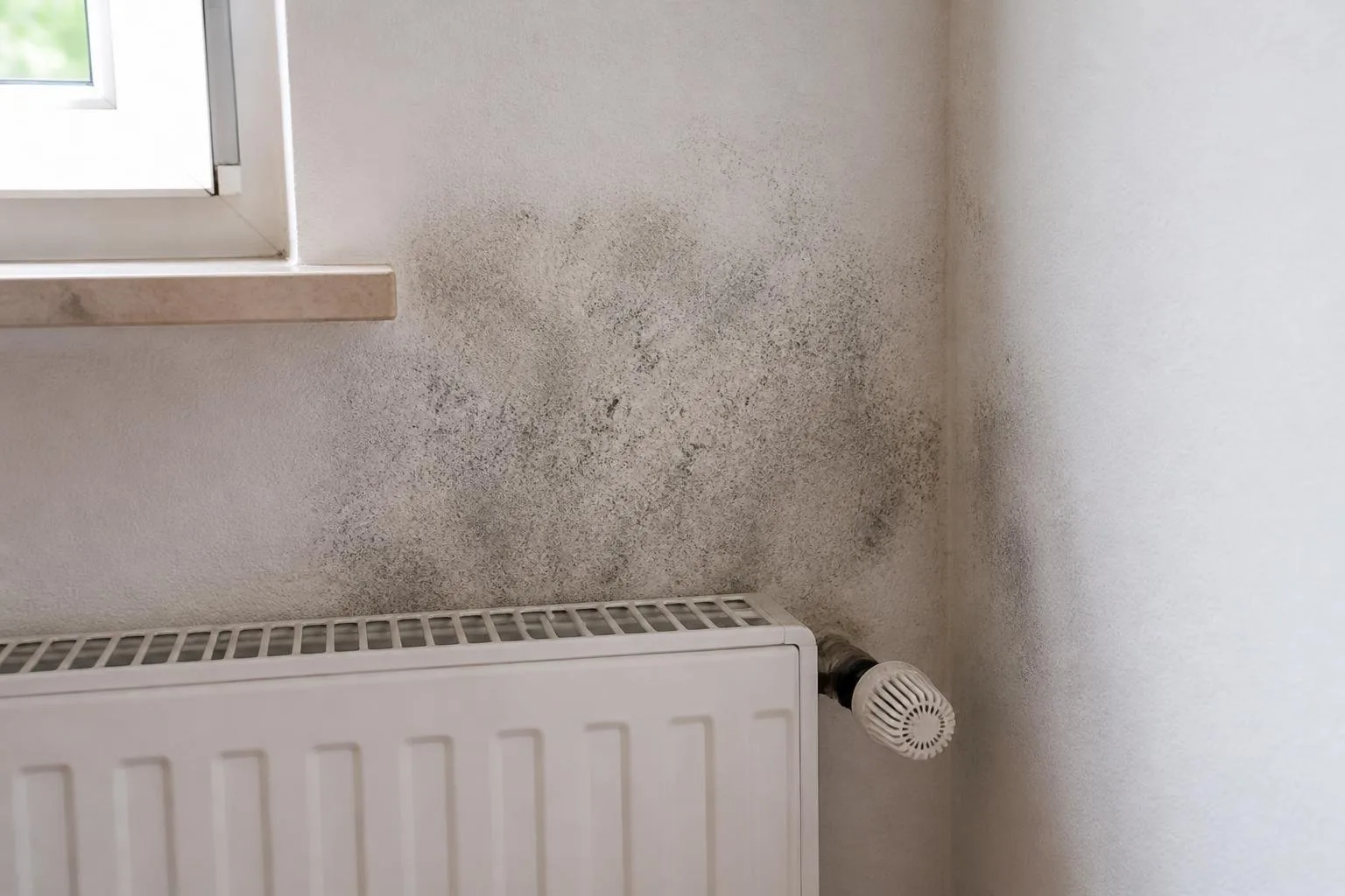Schimmelspuren an einer Außenwand hinter einem Heizkörper