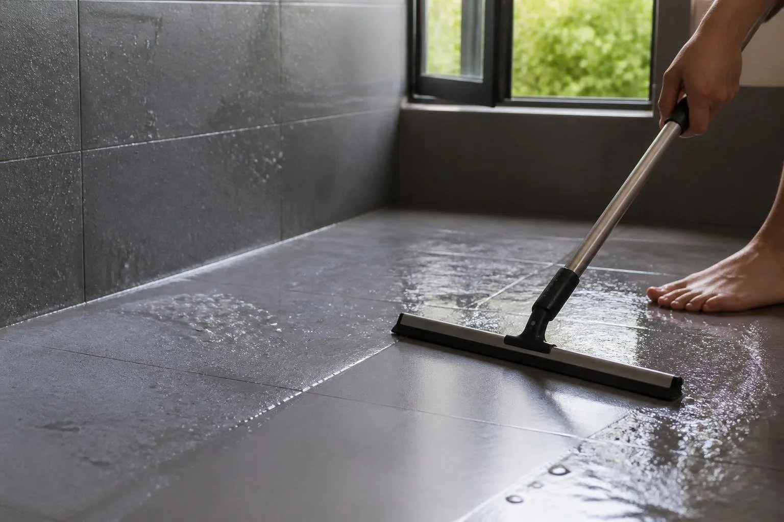 Badezimmer nach dem Duschen mit geöffnetem Fenster und Fensterabzieher