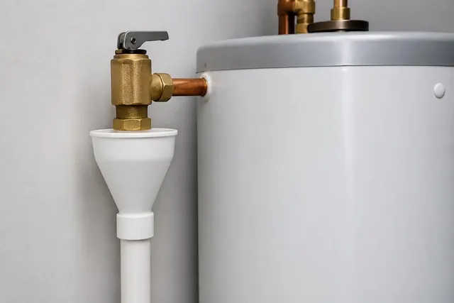Sicherheitsventil mit Ablauftrichter an einem Warmwasserspeicher