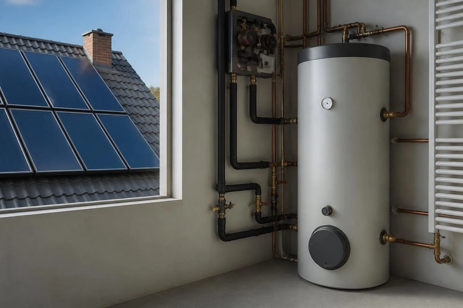 Solarthermieanlage mit Kollektoren, Solarstation und Warmwasserspeicher