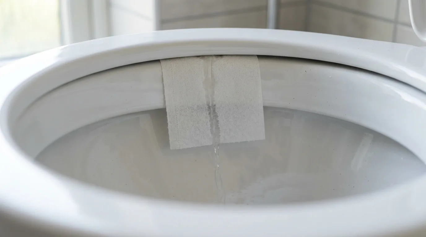 Papiertest: nasser Streifen an der Rückwand der Toilettenschüssel zeigt nachlaufendes Wasser