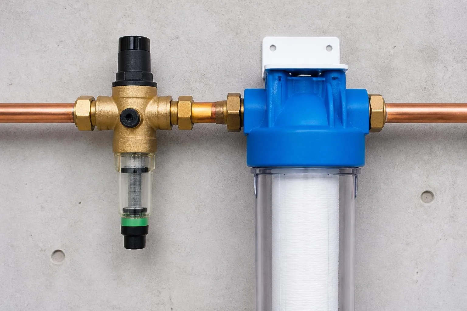 Druckminderer-Patrone neben einem Hauswasserfiltergehäuse