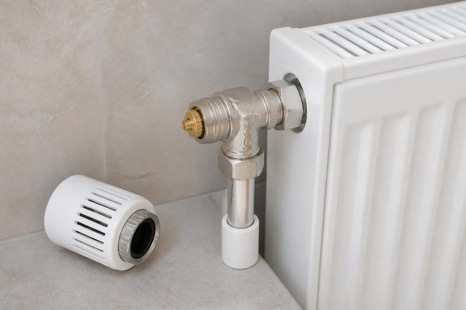 Thermostatkopf neben einem Heizkörperventil