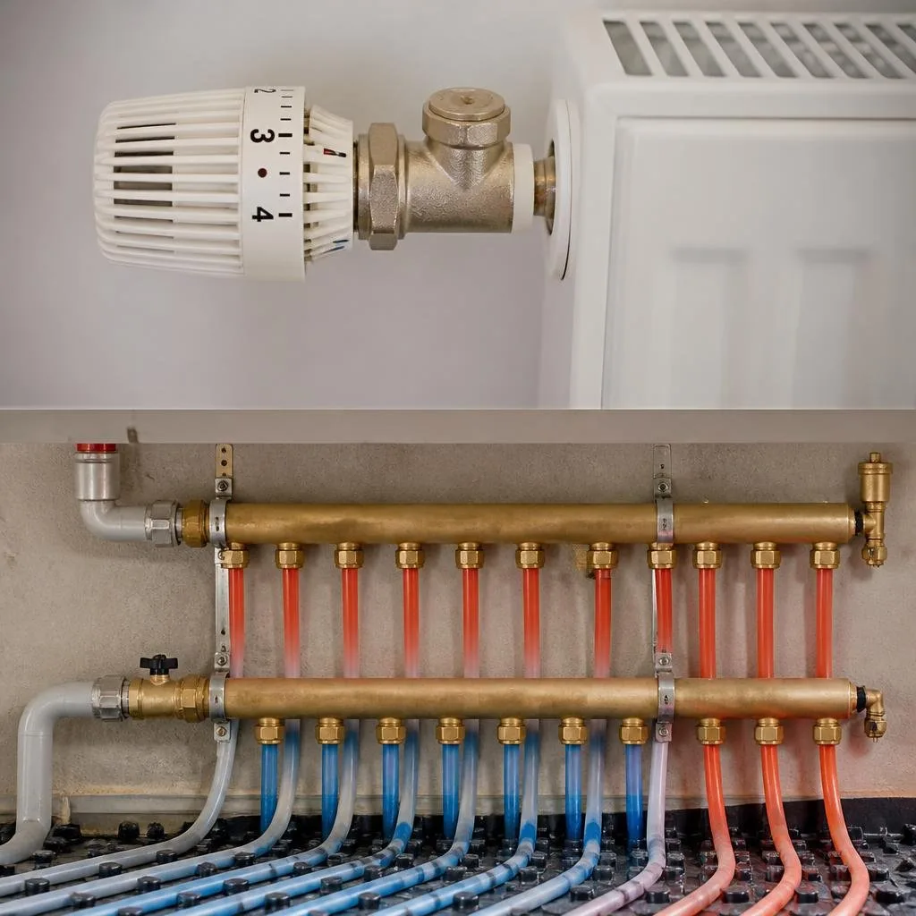 Thermostatventil und Heizungsrohre zur Verteilung des Heizwassers