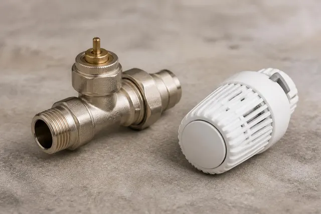 Thermostatkopf neben dem Ventilunterteil eines Heizkörpers