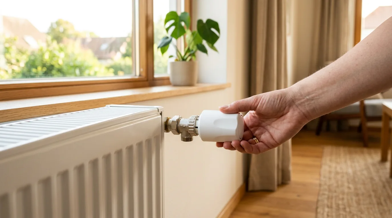 Neuer Thermostatkopf wird auf das Ventil eines Heizkörpers gesetzt