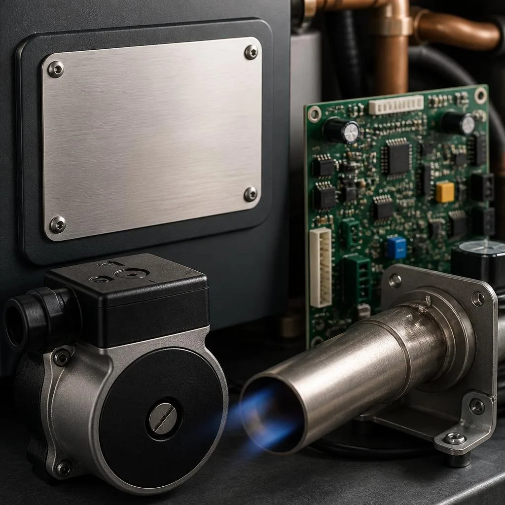 Typenschild und Heizungsbauteile für den Abgleich von Vaillant-Ersatzteilen