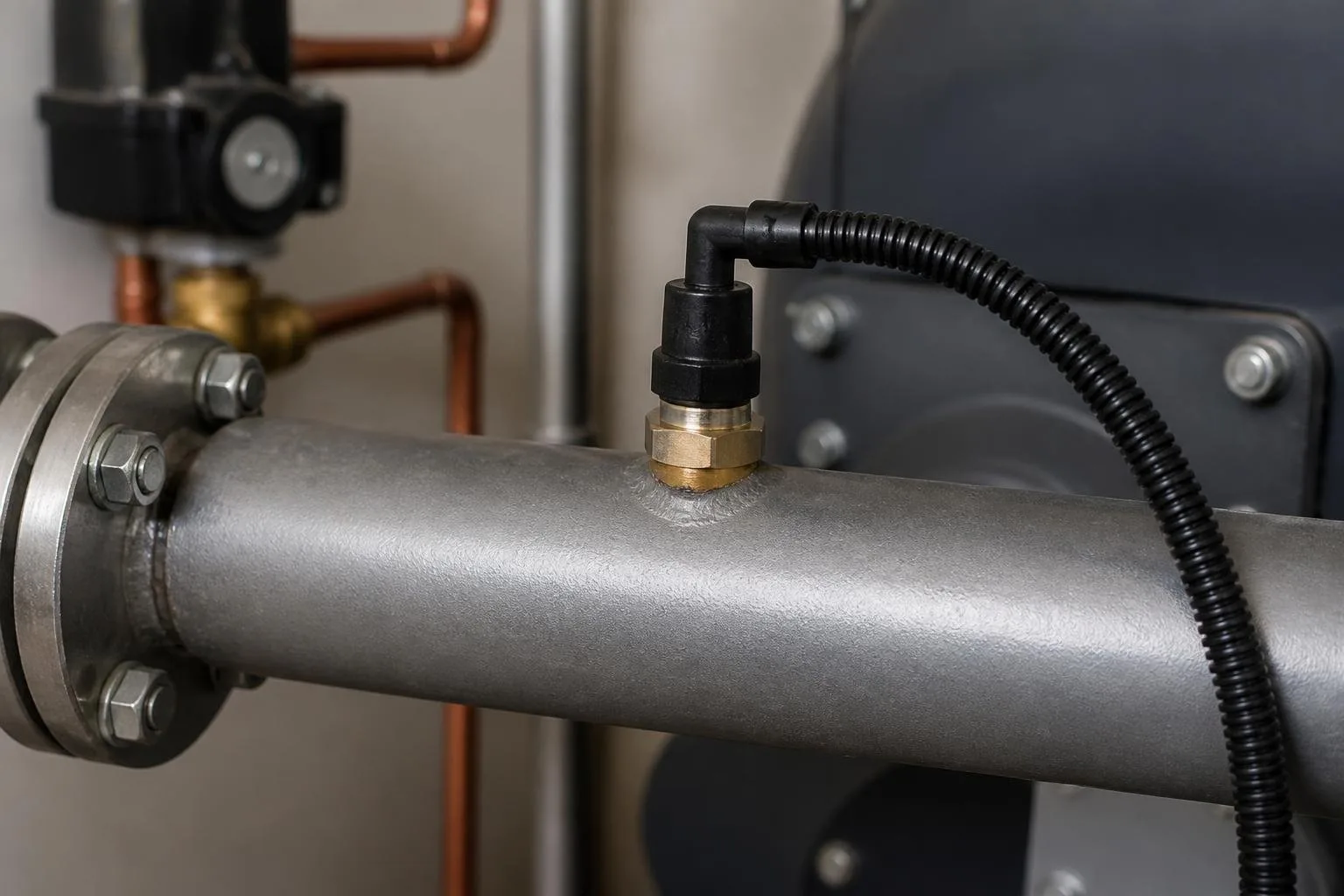 Rücklauftemperatursensor mit sichtbarem Steckanschluss an einem Heizgerät