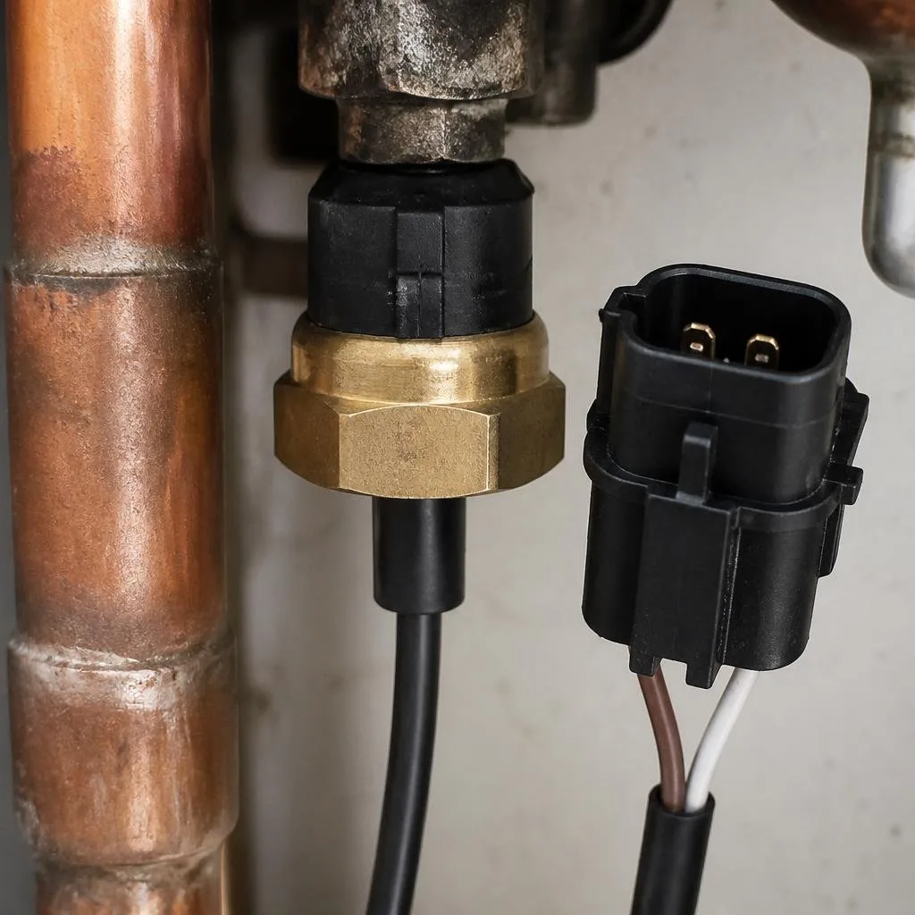 Nahaufnahme eines Rücklauftemperatursensors mit elektrischem Anschluss