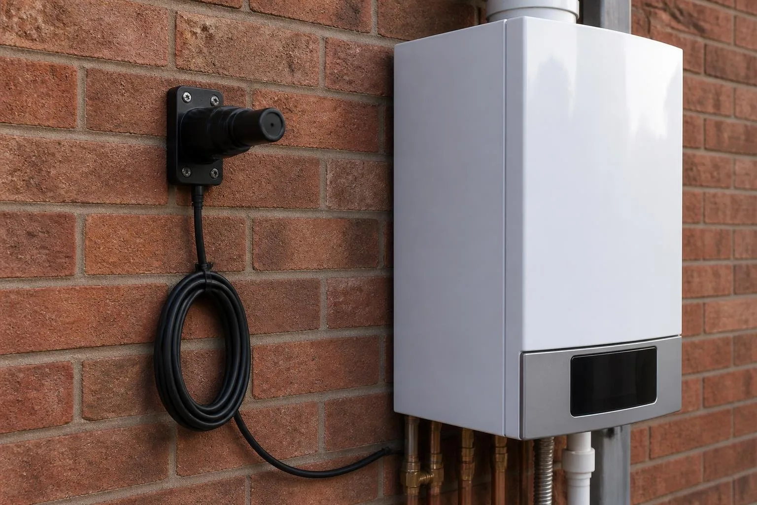 Äußerer Abgassensor mit Kabel an einer Gastherme