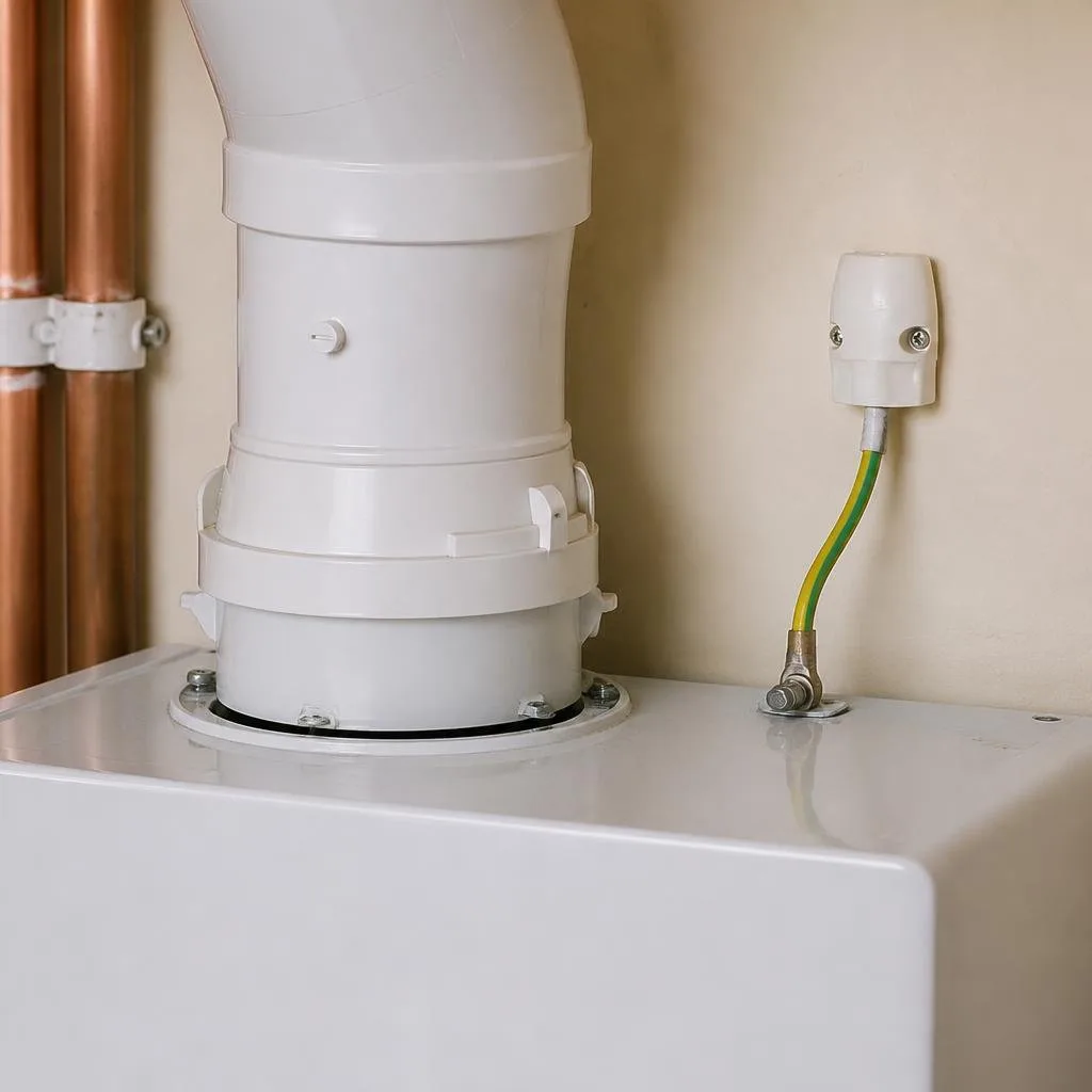 Abgasanschluss und Sicherheitsstecker an einer Gastherme