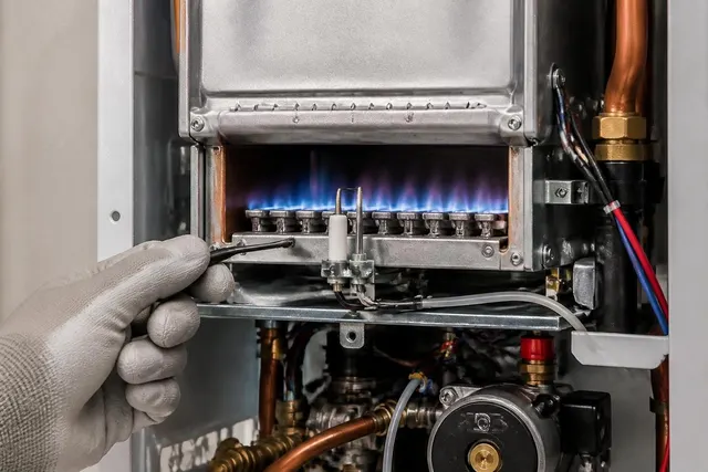 Zündelektrode und Brennerbereich einer Gastherme bei der fachgerechten Prüfung