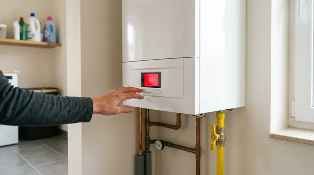 Weiße Gas-Brennwerttherme an der Wand mit leuchtender Störungsanzeige