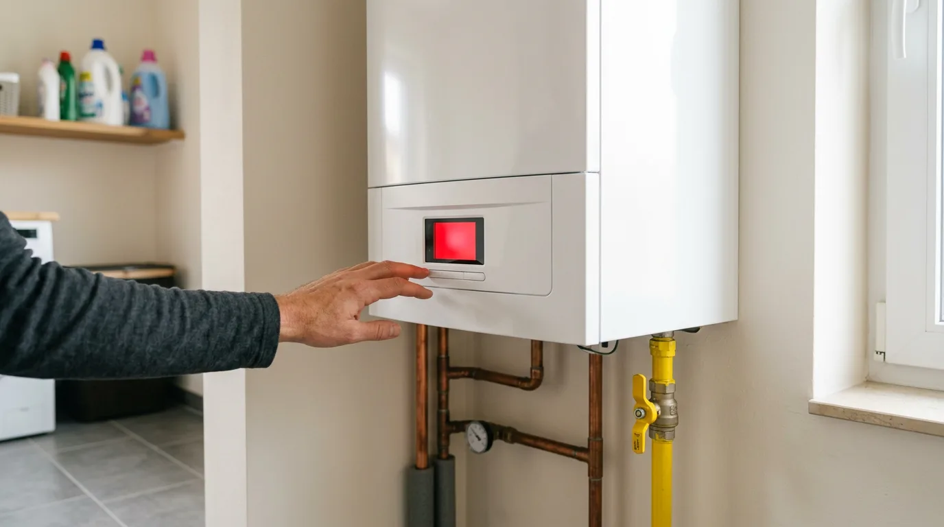 Weiße Gas-Brennwerttherme an der Wand mit leuchtender Störungsanzeige